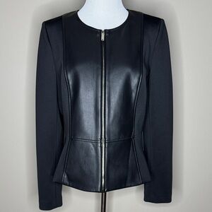 DKNY Foundations womens faux leather mixed media full zip jacket size L.